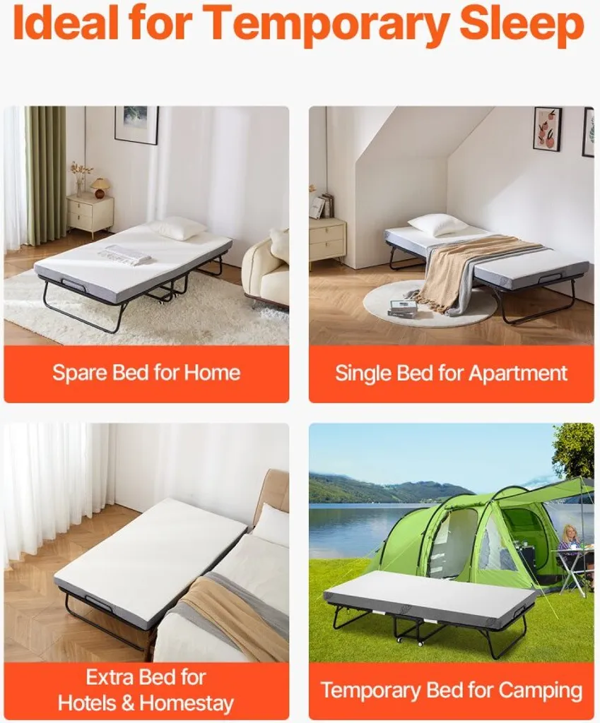 Lit d'appoint pliant pour invités - Matelas 10cm et roulettes intégrées - 6