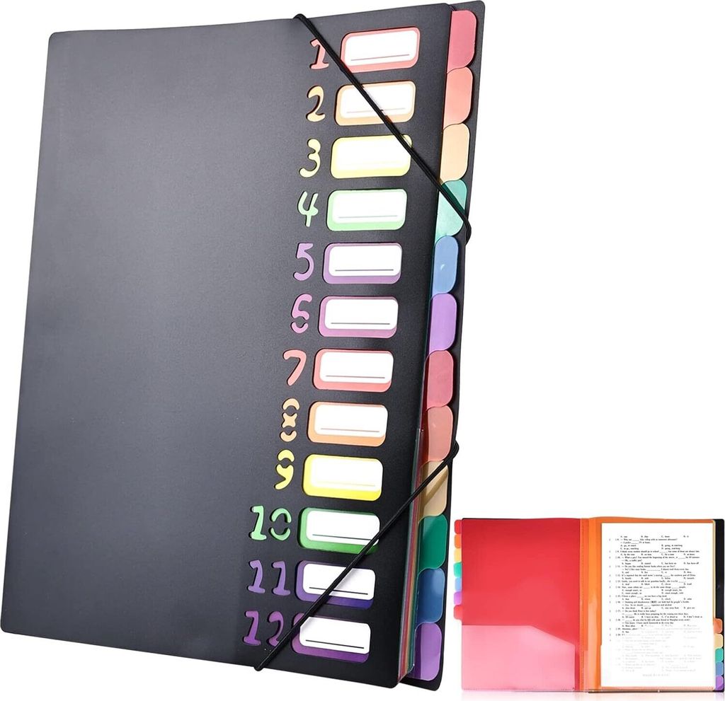 Dokumentenmappe A4, Tragbar Fächermappe mit 12 Fächern, PP Kunststoff Ordnungsmappe Pultordner mit Gummizug, Wasserdicht schwarz