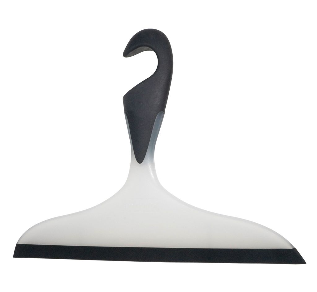 A bathroom squeegee with a hook for hanging.
