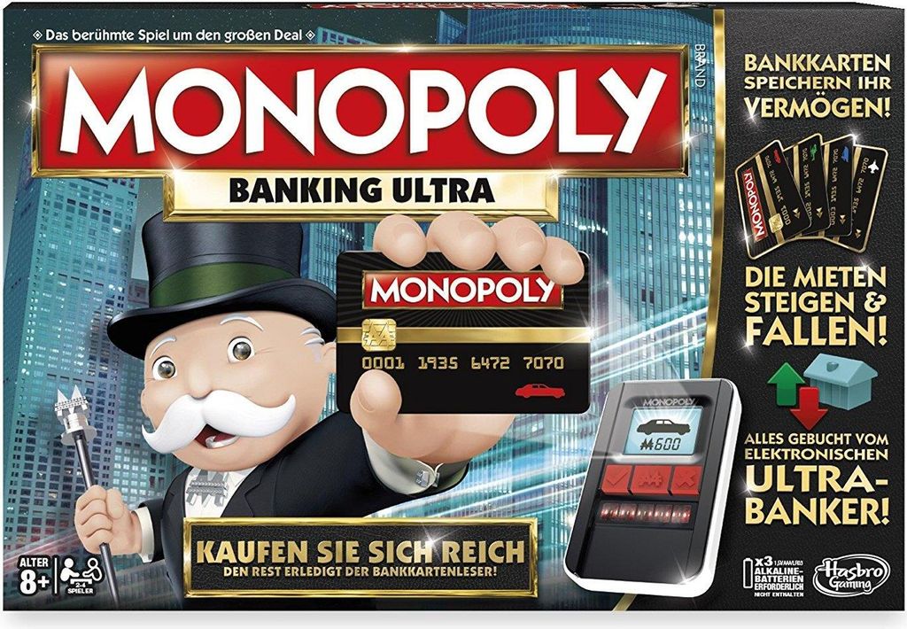 A Monopoly Banking Ultra board game box cover featuring Mr. Monopoly holding a credit card and a banking unit.
