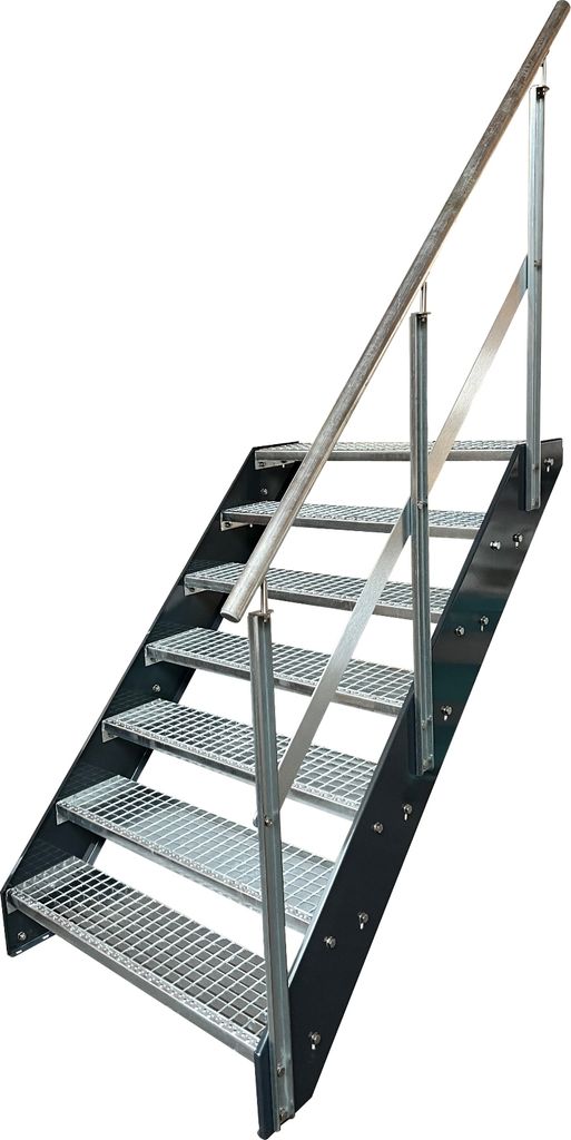 Gitterrost Stahl Wangentreppe 7 Stufen Geländer Rechts - Verzinkt & Anthrazit Pulverlackierte Wangen - (B x H x T) 100 x 133 x 139 cm