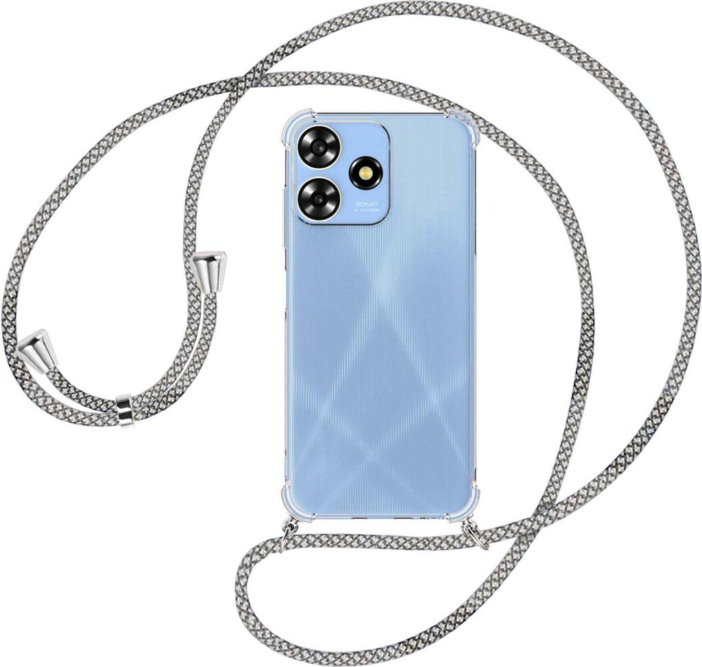 Handykette Backcover-Schutzhülle mit Band (Metall silberfarben) für ZTE Blade A73 4G (6.6'') - weiß/grau kariert