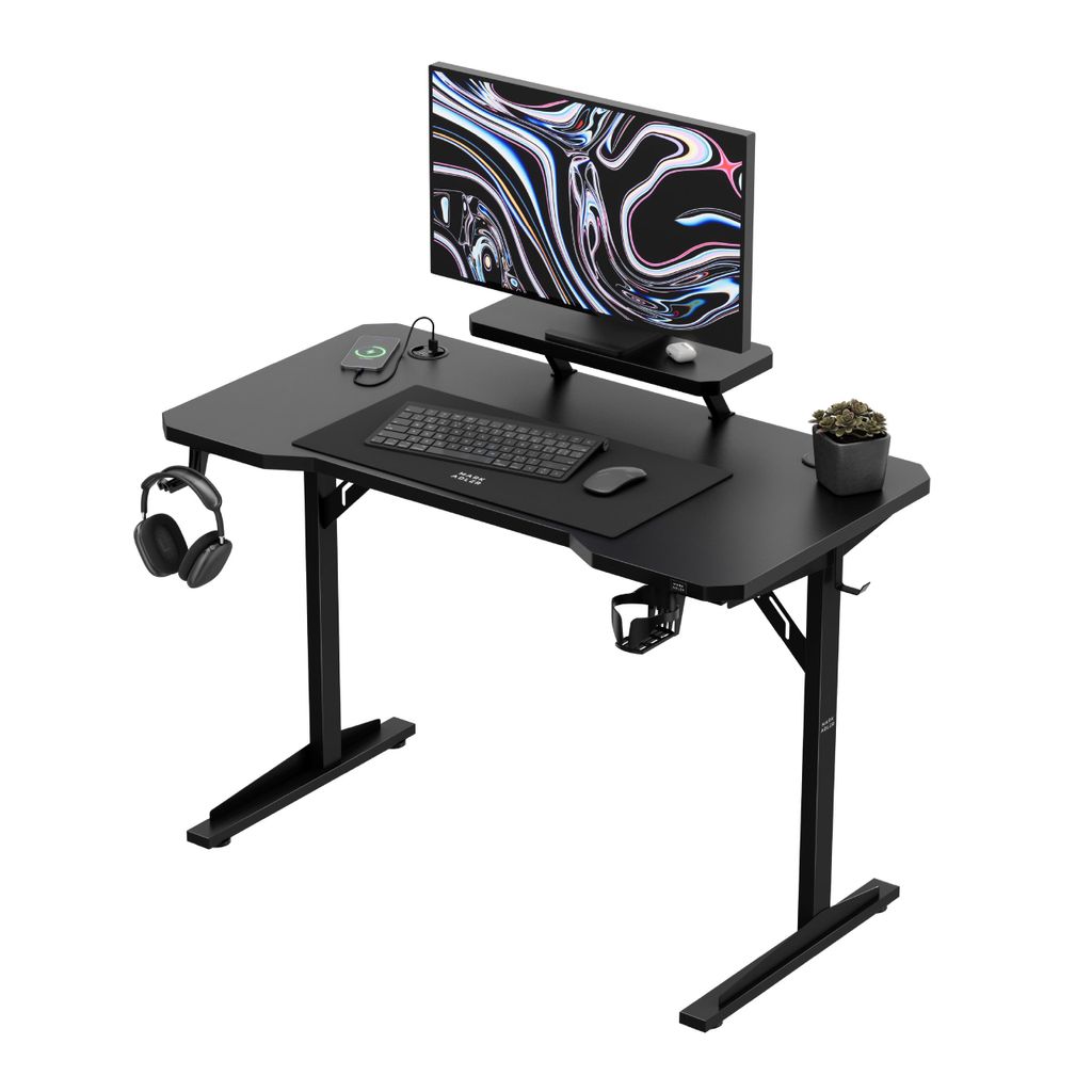 Mark Adler Leader 5.1 Black Schreibtisch – Computertisch mit USB-Ladegerät, Monitorablage, Kabelmanagement, 115×60 cm