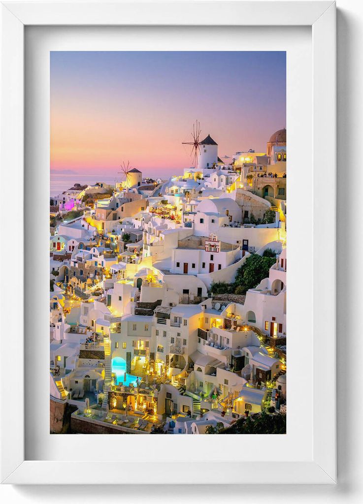Architektur von Santorin am Abend Griechenland– Wandbild mit Rahmen – Gerahmtes Bild – Wanddekoration – 20x30 cm – Weiß