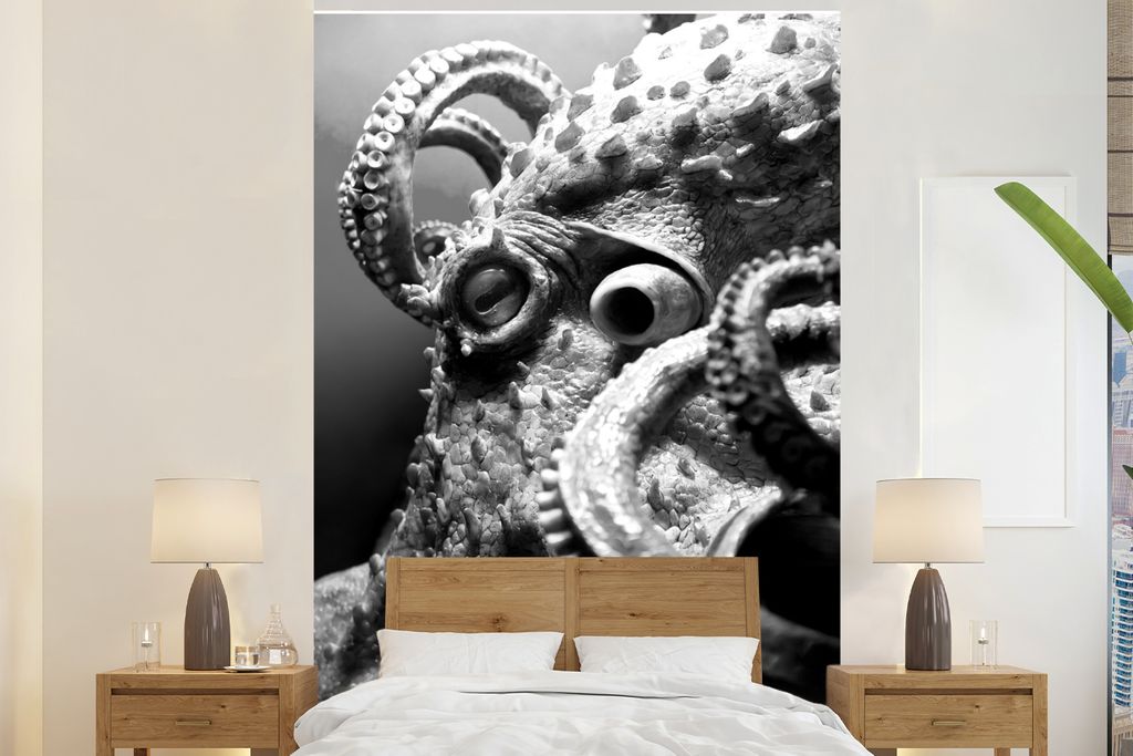 MuchoWow Fototapete für Wohnzimmer oder Schlafzimmer Wandtapete Vinyl Motivtapete Kopf eines Oktopus - schwarz und weiß - 170x260 cm - Wohnzimm...