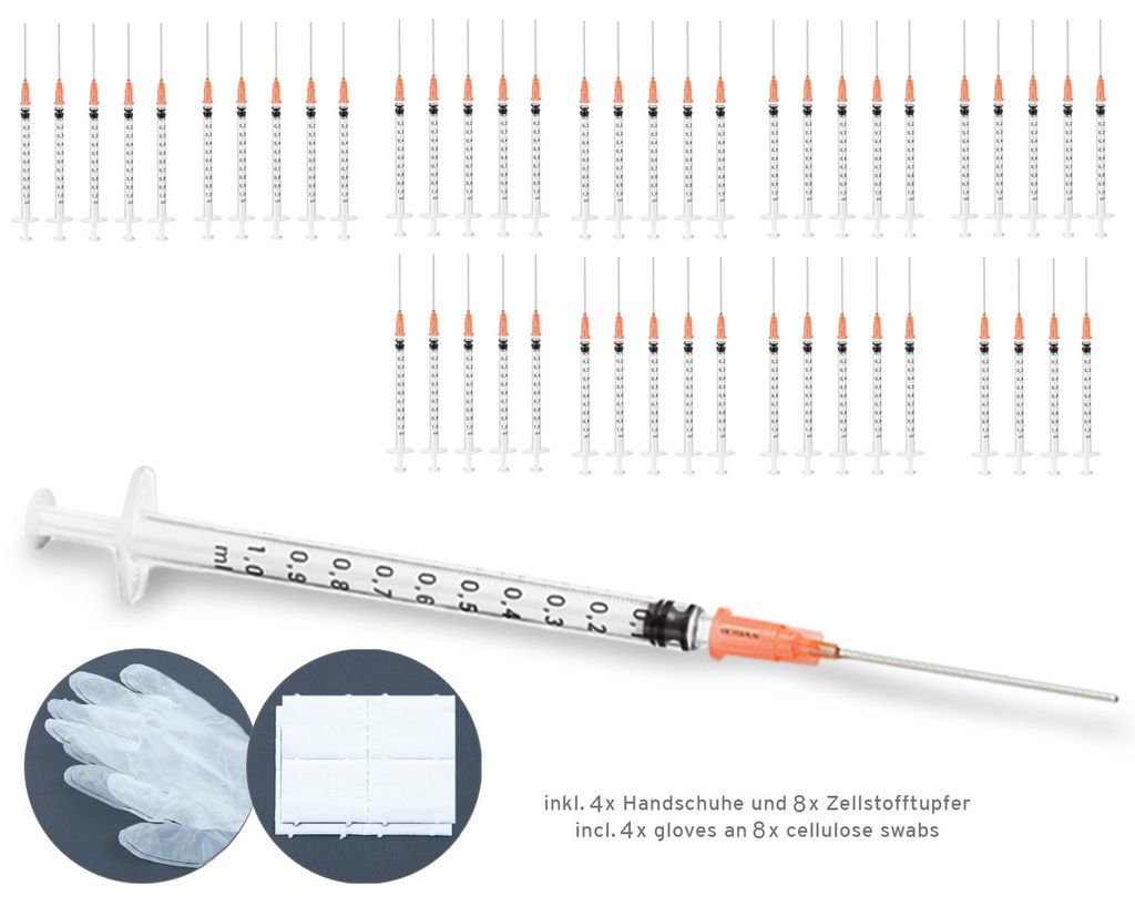 50 Refill Spritzen 1ml mit stumpfer Nadel, 4x Vinyl-Handschuhe und 8x Zellstofftupfer für Liquids Aromen Hobby und Heimwerk und Office