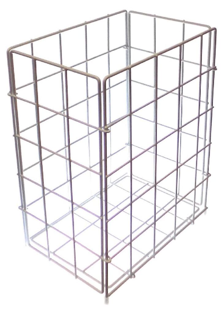 A white wire mesh waste bin is shown against a white background.