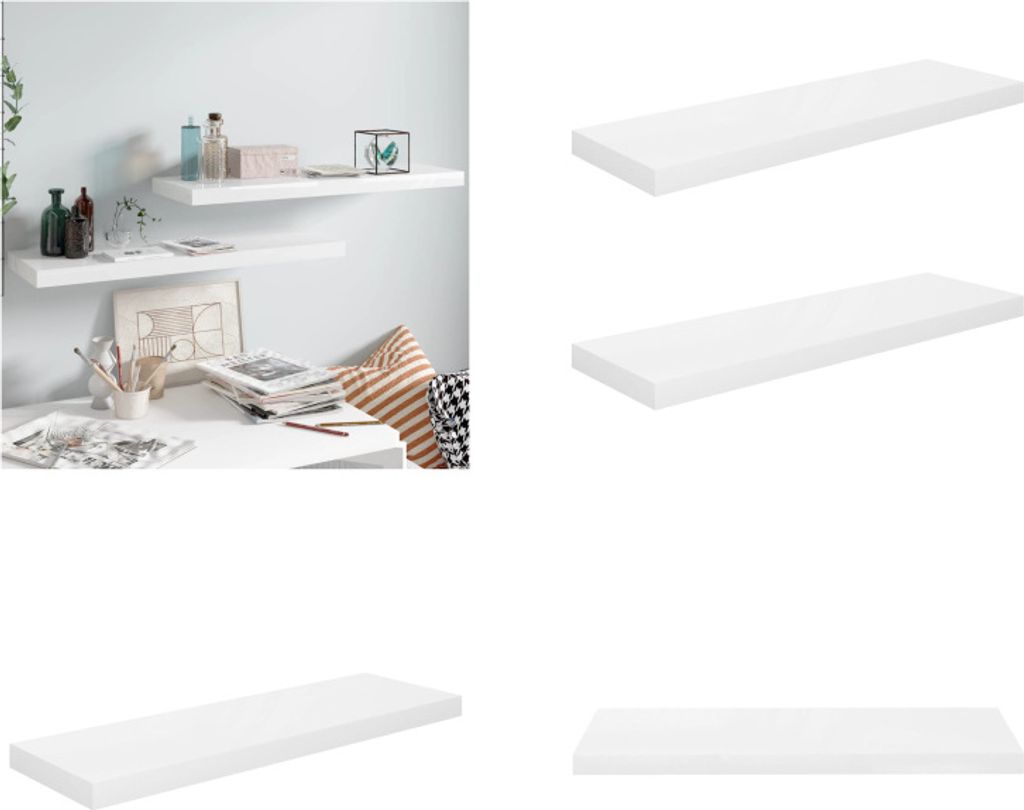 vidaXL Schweberegale 2 Stk. Hochglanz Weiß 80x23,5x3,8 cm MDF - Wandregal - Wandregale - Schwebendes Wandregal - Wandregal Schwebend