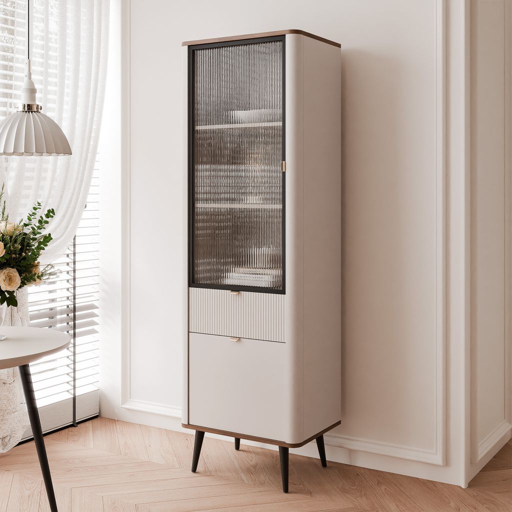 Hohe Standvitrine NAVANI 60 cm Glasvitrine Schublade Produktbild 