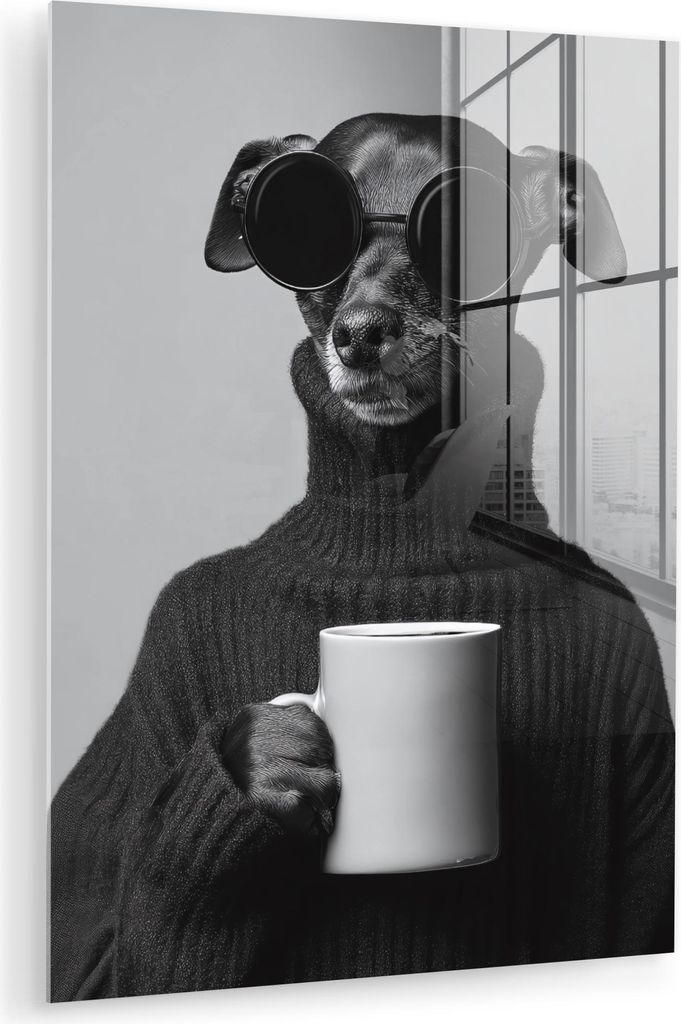 MuchoWow Glasbilder - Bilder auf Wandbild - Foto auf Glas Rollkragenpullover - Hund - Brille - Becher 30x40 cm Wanddekoration aus Glas - Acrylglasb...