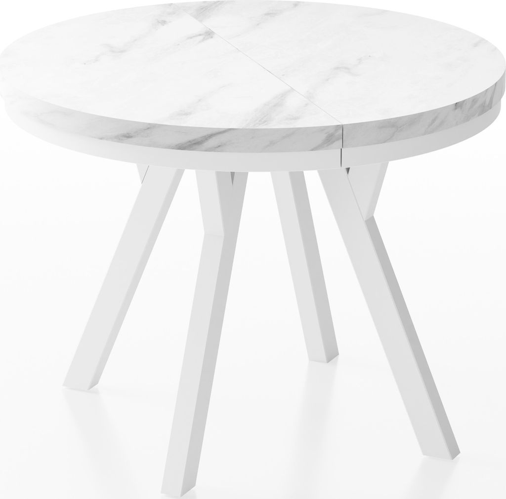 Designer Runder Ausziehbarer Esstisch in Weißer Marmoroptik - Loft-Stil, Industriell, Platzsparend - Weiße Beine - 100 bis 200 cm - für 5-10 Per...