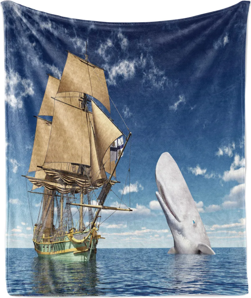 ABAKUHAUS Wal Morbida coperta in pile di flanella, nave pirata e pesce mammifero, morbido peluche per interni ed esterni, 125 x 175 cm, bianco e blu