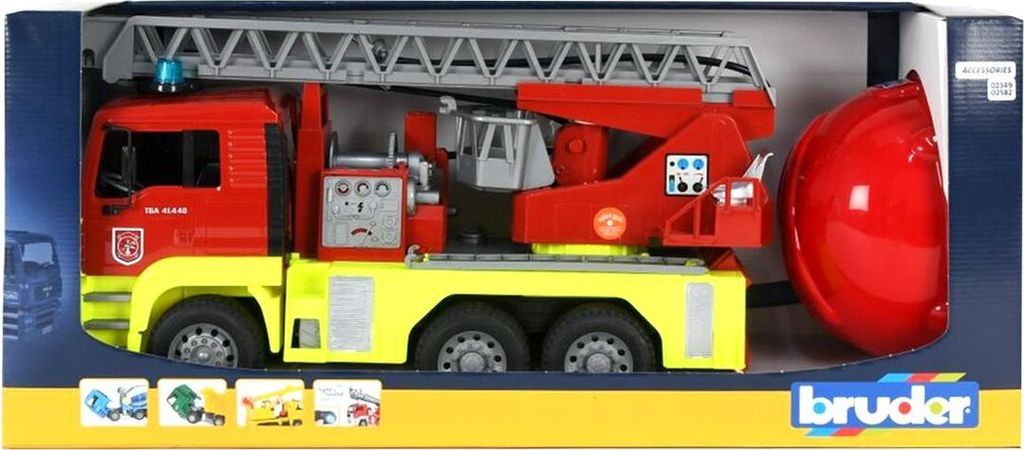 bruder MAN TGA Feuerwehr m. Drehleiter + L&S Modul+Feuwerwehr Spielhelm