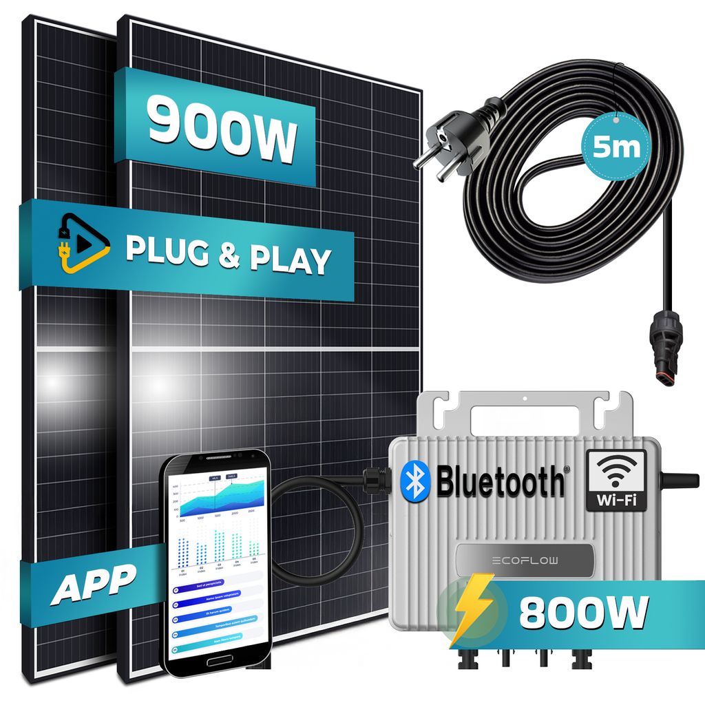 SUNNIVA 900W Balkonkraftwerk 800W komplett Steckdose - Ecoflow 800W Wechselrichter - PV Solaranlage - 2x450W Solarmodule - 5m Kabel - WIFI