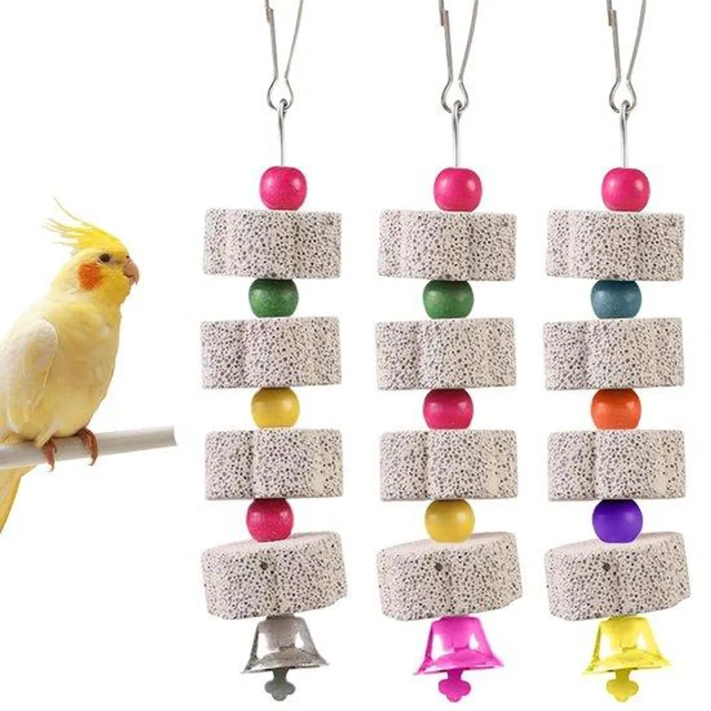 Jouet à mâcher minéral pour oiseaux et lapins, lot de 3 avec clochettes