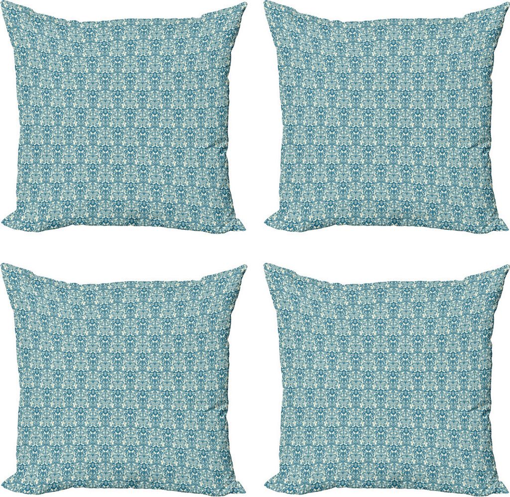 ABAKUHAUS Elfenbein und Blau Kissenbezug Set (4 Stück), Damast-Blumen, Moderner Doppelseitiger Digitaldruck, 60 cm x 60 cm, Petrol Blau und Elfenbein
