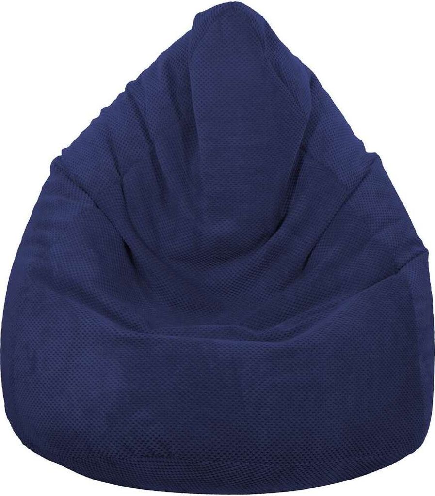 A dark blue beanbag chair is shown against a white background.