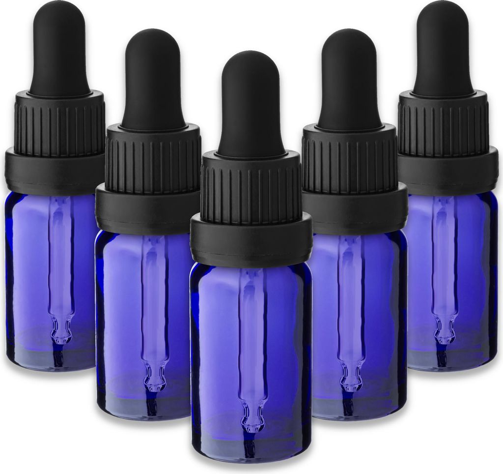 5x Blaue Glasflasche 10 ml mit schwarzem Tropfeinsatz