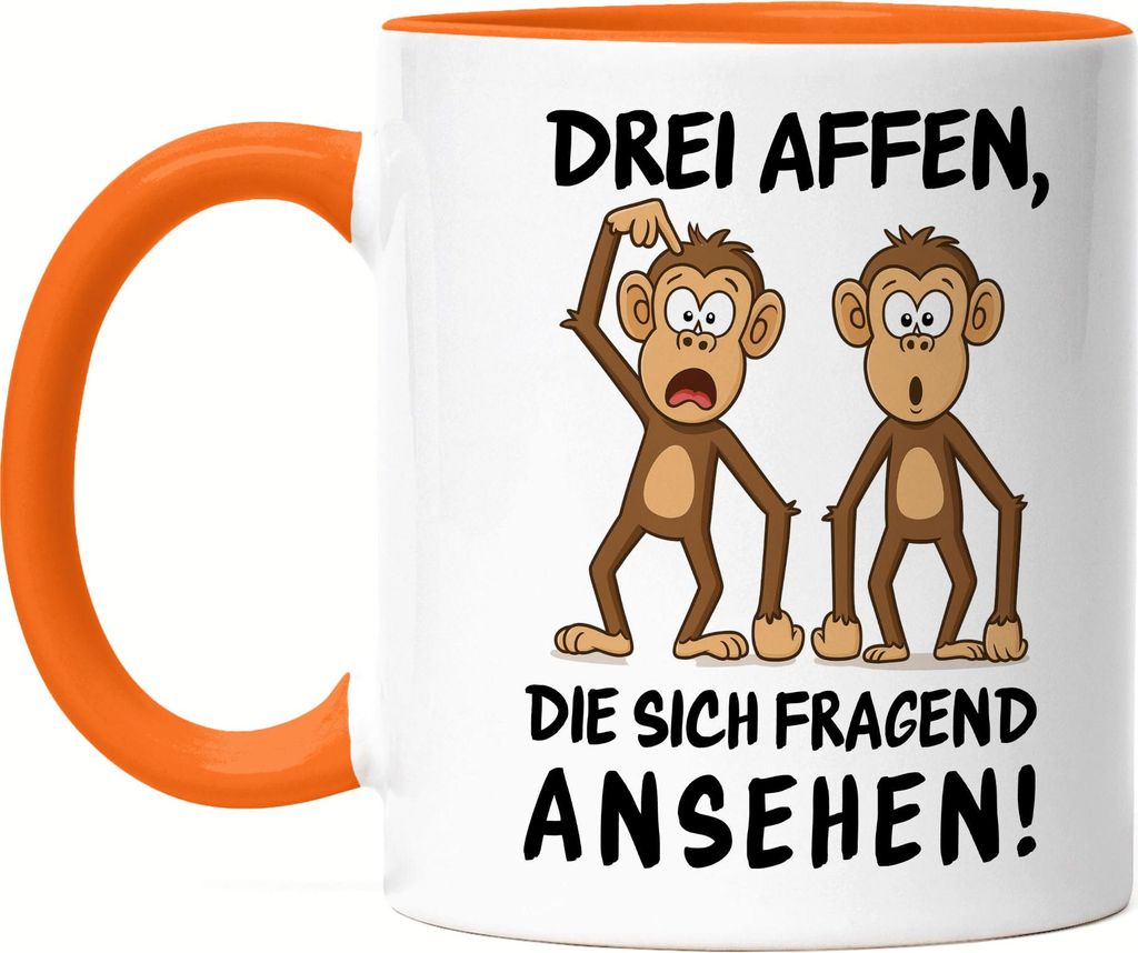 Drei Affen die sich fragend ansehen Tasse Orange – Witziger Cartoon Becher