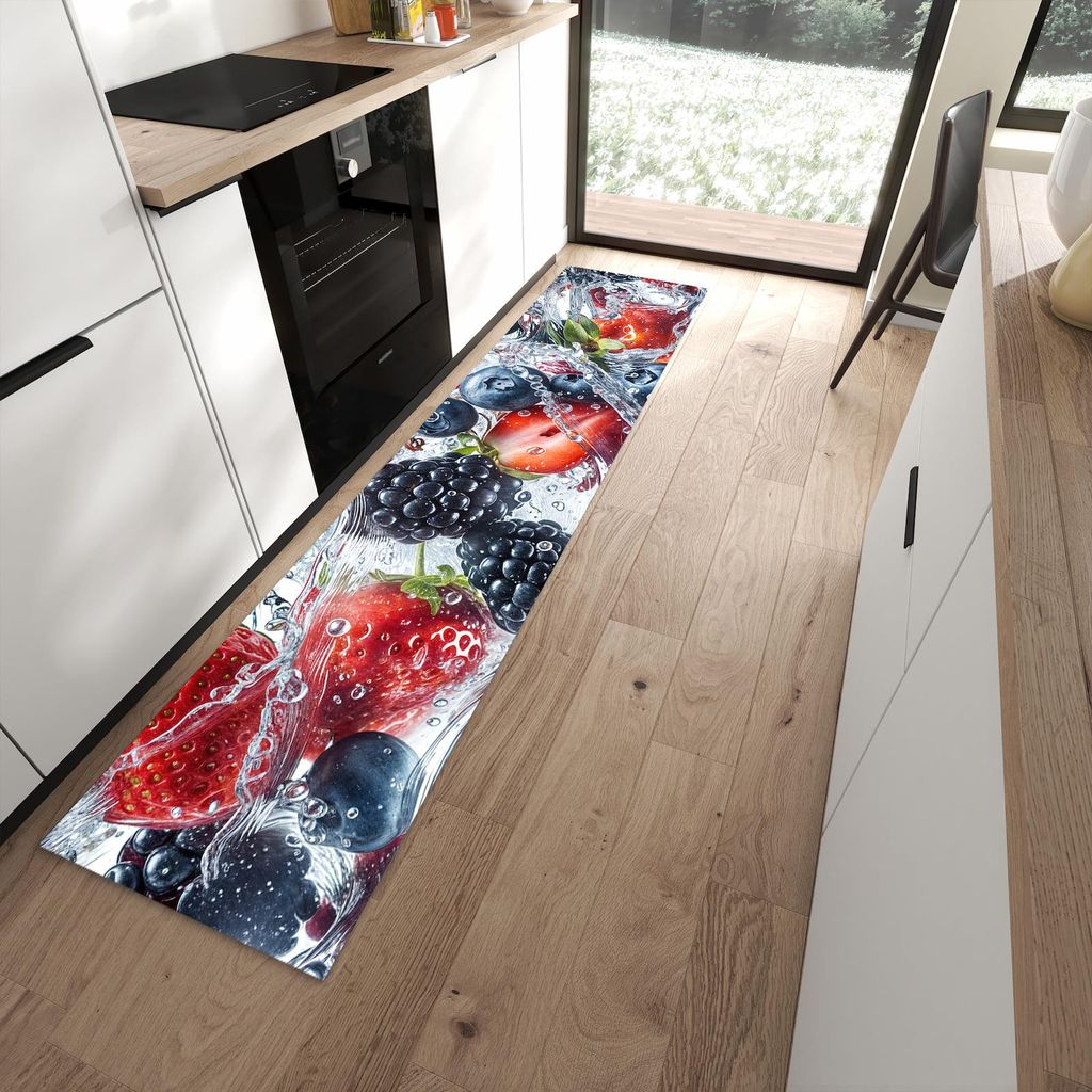 Küchenteppich 60x270cm rutschfest & abwischbar PVC Läufer - Beeren im Wasser