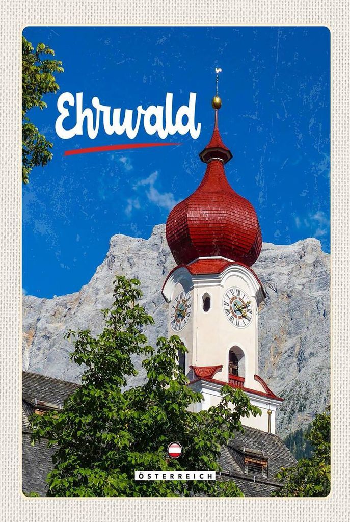 vianmo Holzschild 18x12 cm Ehrwald Österreich Kirche roter Dach Bildmotiv Reisemotiv Abenteuer Reisen