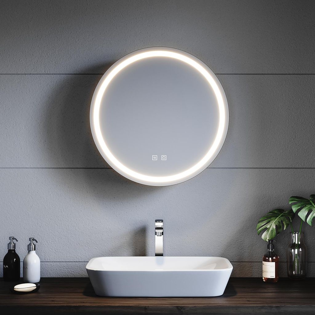 SONNI Rundspiegelschrank 60x14 cm mit drei Farbtemperaturen, mit Two-Touch-Schalter, hell und dunkel einstellbar, mit Anti-Beschlag-Funktion