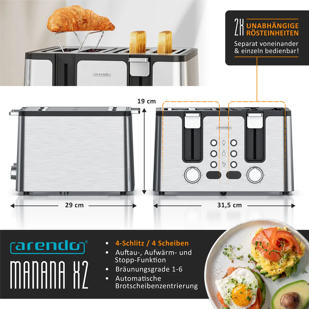 Arendo Tostapane Automatico 1750W Acciaio Inox | Efficienza 4 Fette - 2