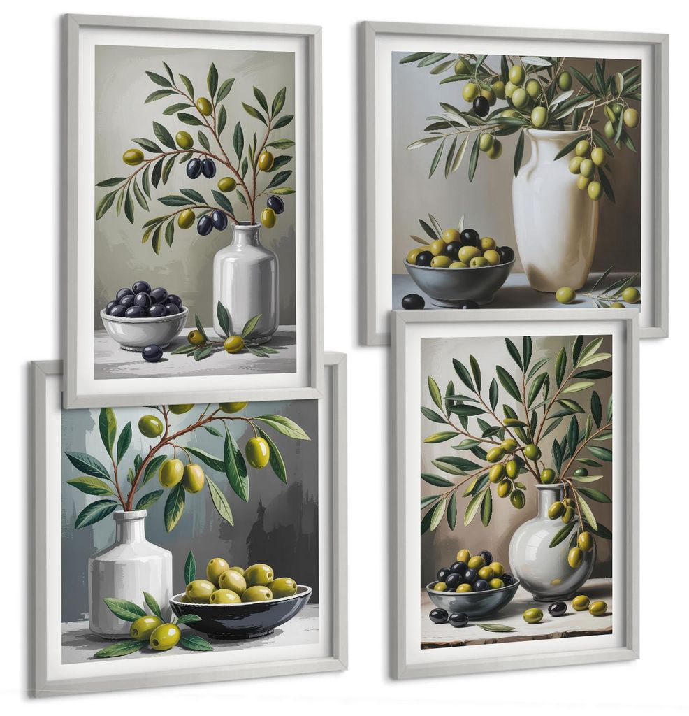 Bilder Set 4-teilig im silbergerahmten Rahmen – Wandbilder 4 Stück – gerahmte Poster für Wohnzimmer, Schlafzimmer und Flur – 50x50 cm - 40x...