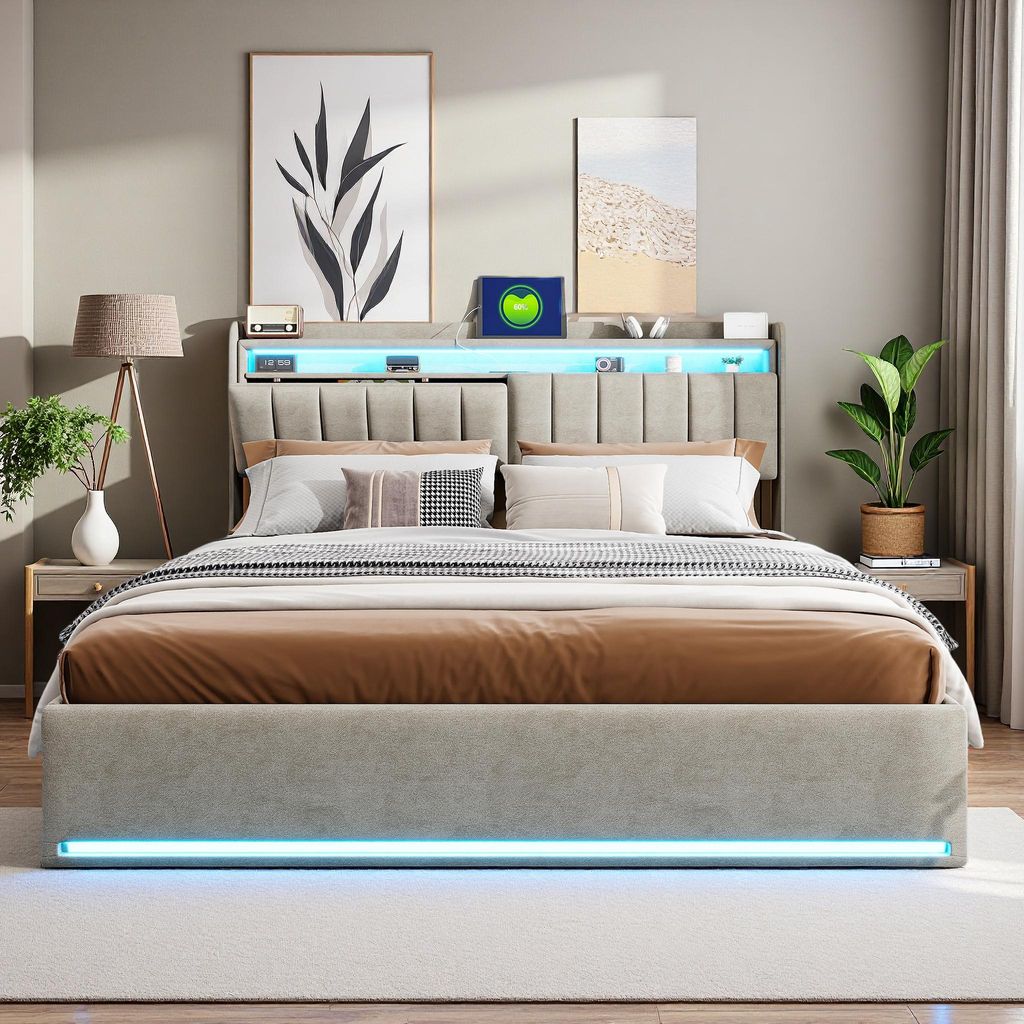 Lit coffre 140x200 cm en tissu velours gris avec tête de Image du produit 