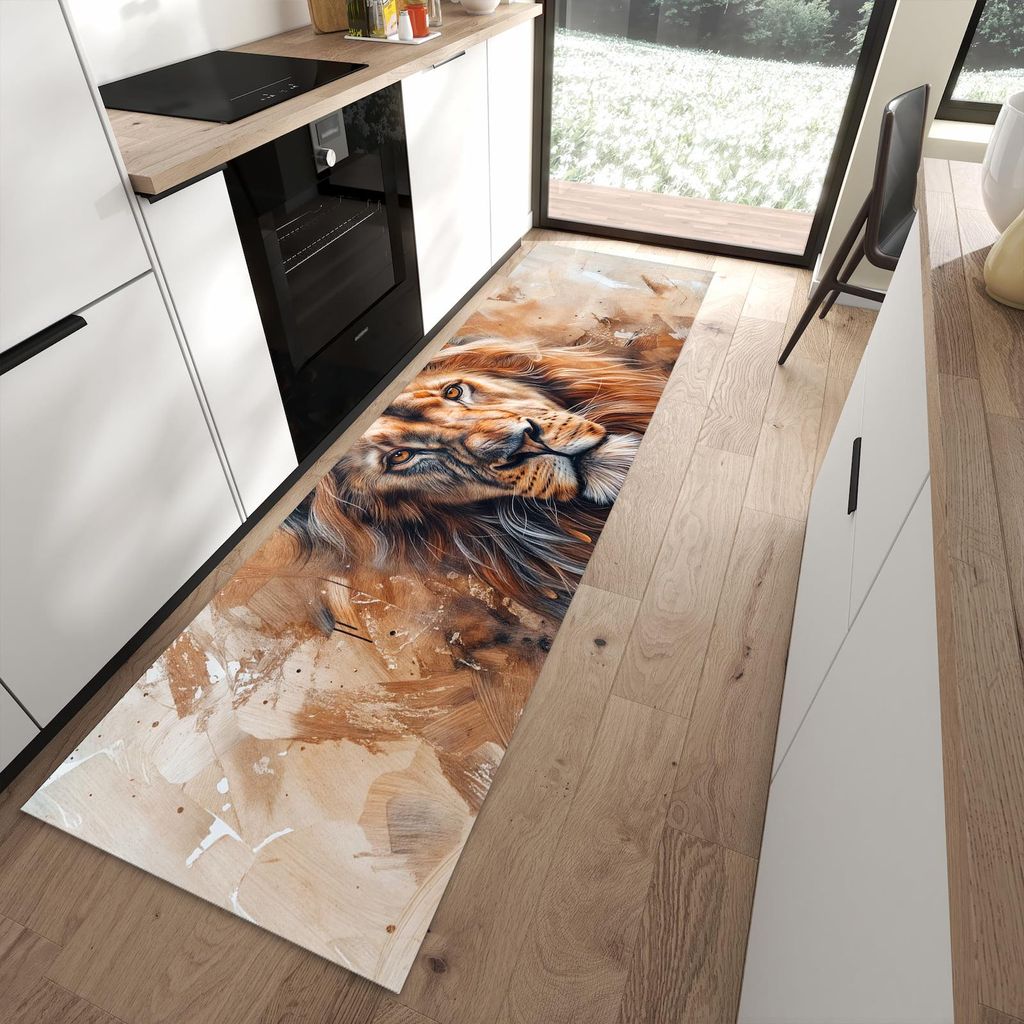Küchenteppich 80x280cm rutschfest & abwischbar PVC Läufer - Löwe Porträt
