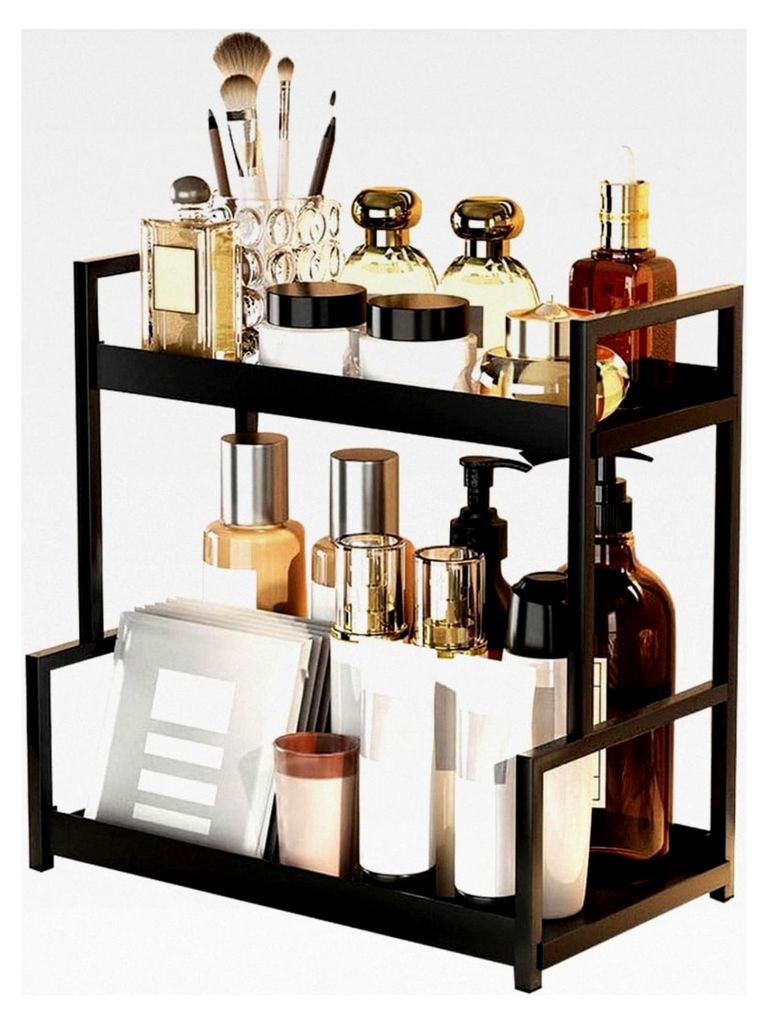 Badezimmer-Organizer mit 2 Ebenen, Aufbewahrungsregal für Parfüm und Make-up, geeignet für Schlafzimmer, Badezimmer und Küche (schwarz)
