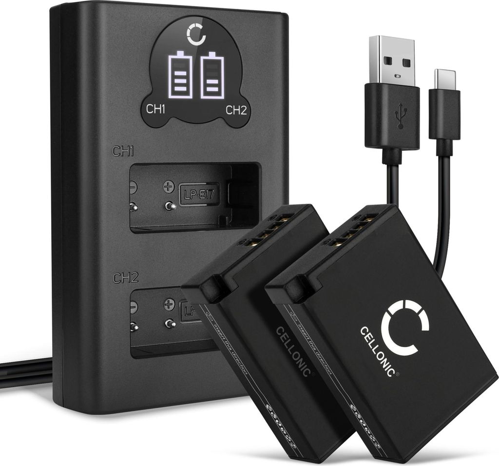 CELLONIC 2x Akku für Kamera Kompatibel mit Canon EOS R50, EOS R8, EOS R10, LP-E17 - (950mAh, 7.4V) + Dual Ladegerät