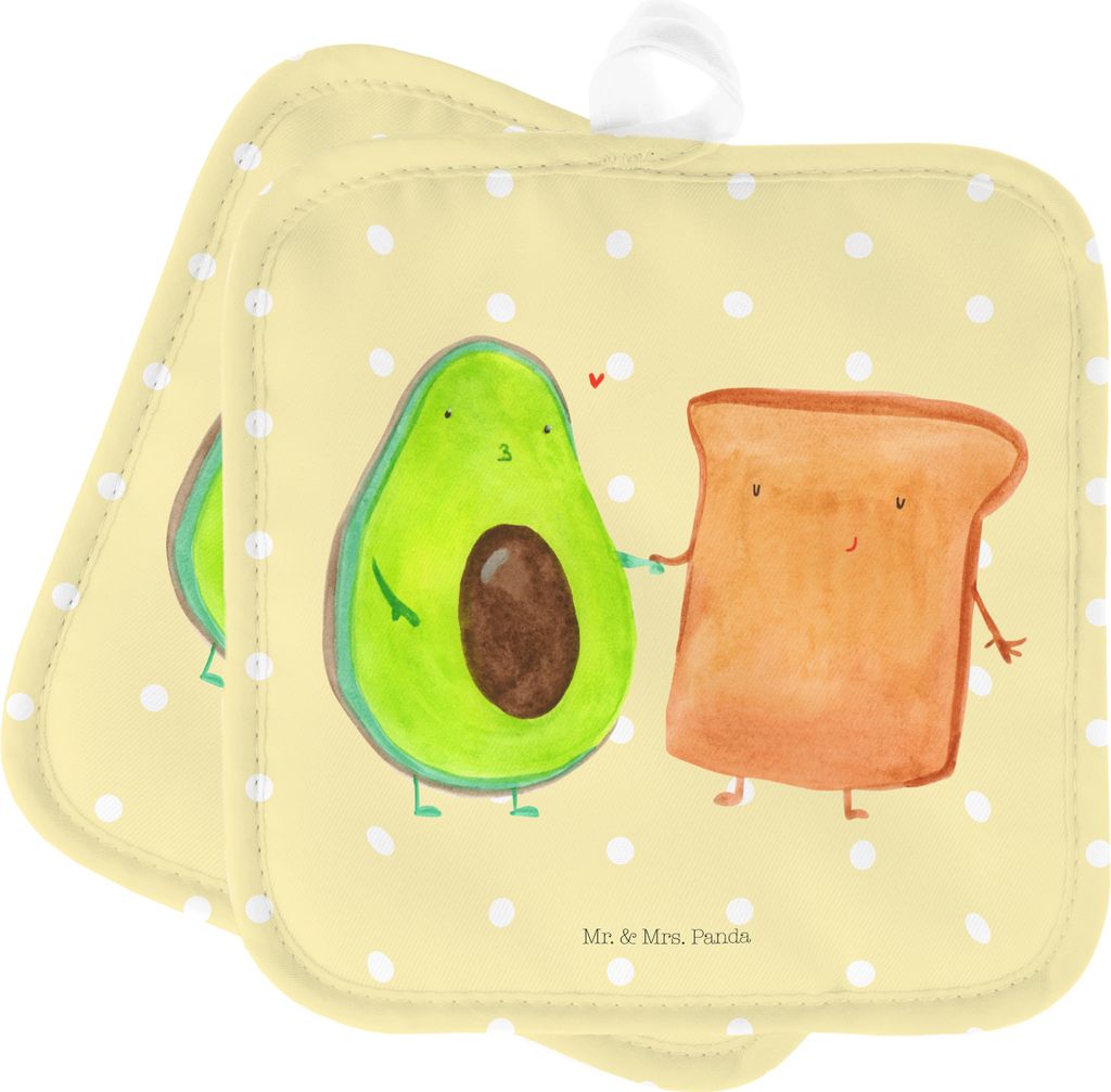 Mr. & Mrs. Panda Topflappen Avocado Toast - Gelb Pastell - Geschenk, Kochlappen, Topfuntersetzer, Liebe, Ofenlappen, Toastbrot, Set, Vegan, Freundi...