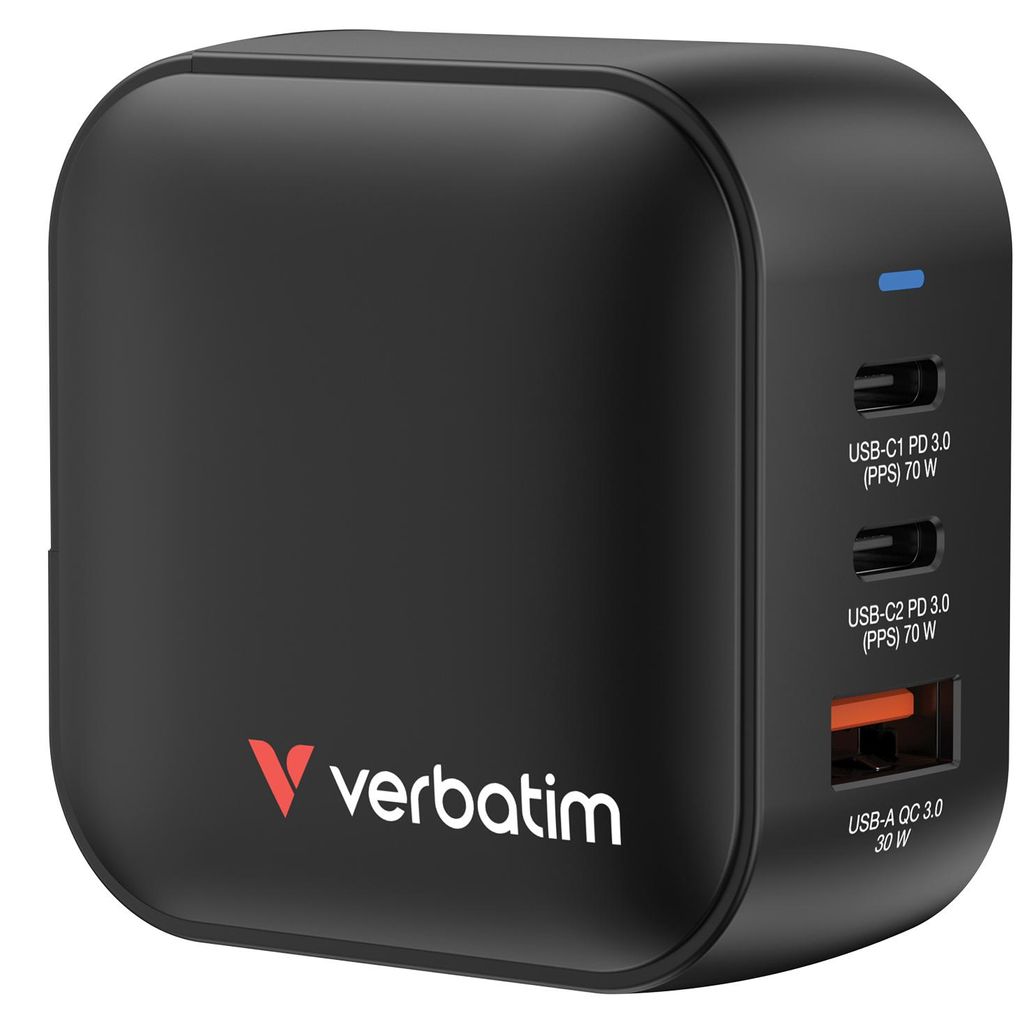 Verbatim Mini GaN Charger 70W 2xUSB-C PD, 1xUSB-A QC 3.0 Produktbild 