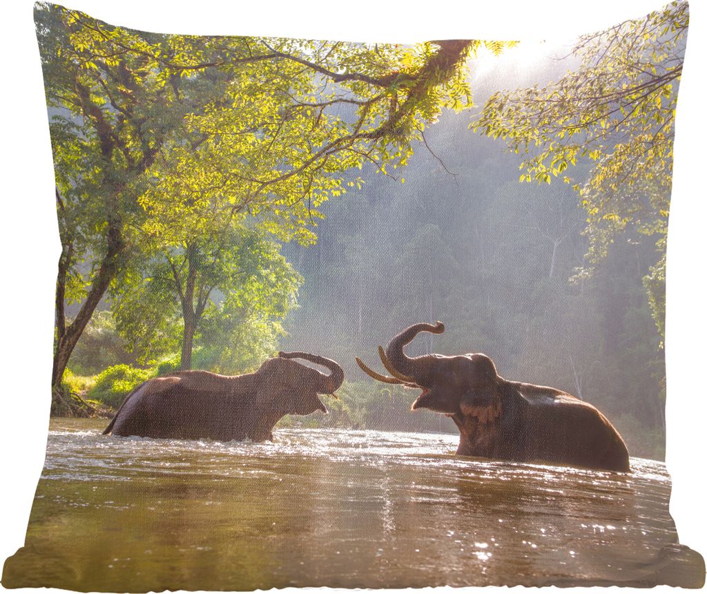 MuchoWow Zierkissen Sofakissen Wohnzimmer Dekokissen 50x50 cm Elefant - Wasser - Tiere - Bäume - Sonne - Komfort - Sofakissen