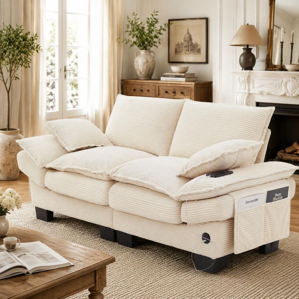Cord Sofa 2 Sitzer Couch modular Polstersofa mit USB C Ladestation Seitentasche breite Sitzfläche ergonomisch Wohnzimmercouch Loveseat Beige