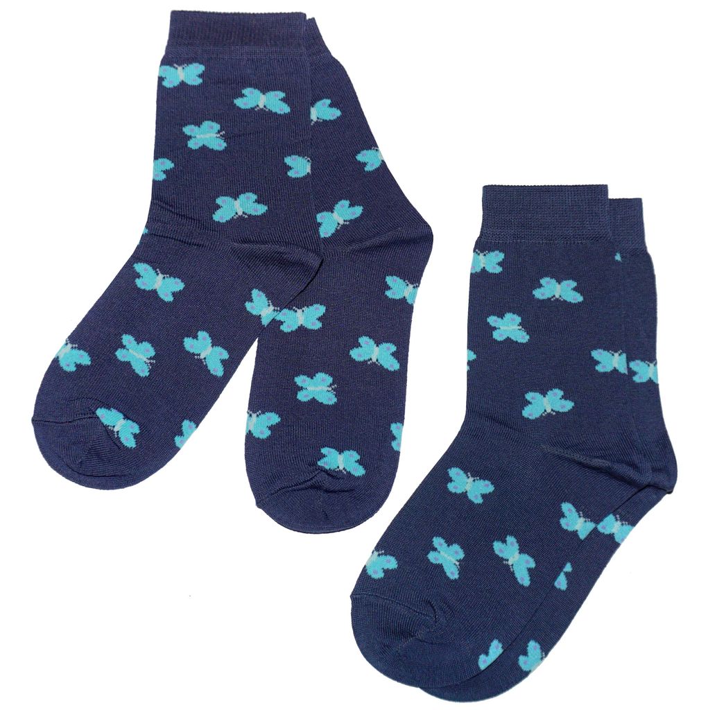Kinder Socken 2-er Pack aus Baumwolle Kleine Schmetterlinge Jeans Blau Größe 35-38