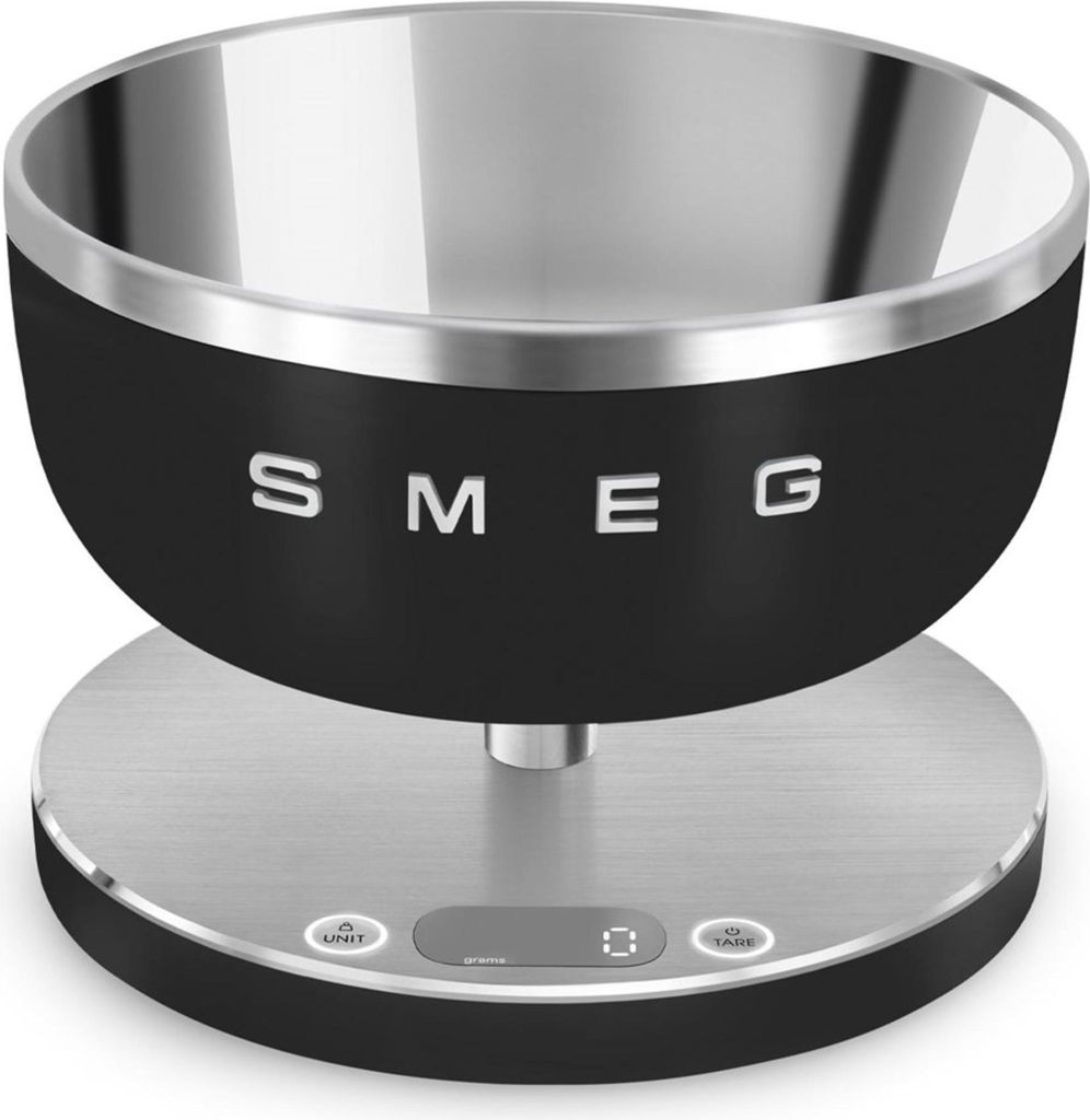 A black and silver kitchen scale with a bowl on top, shown from a diagonal angle.