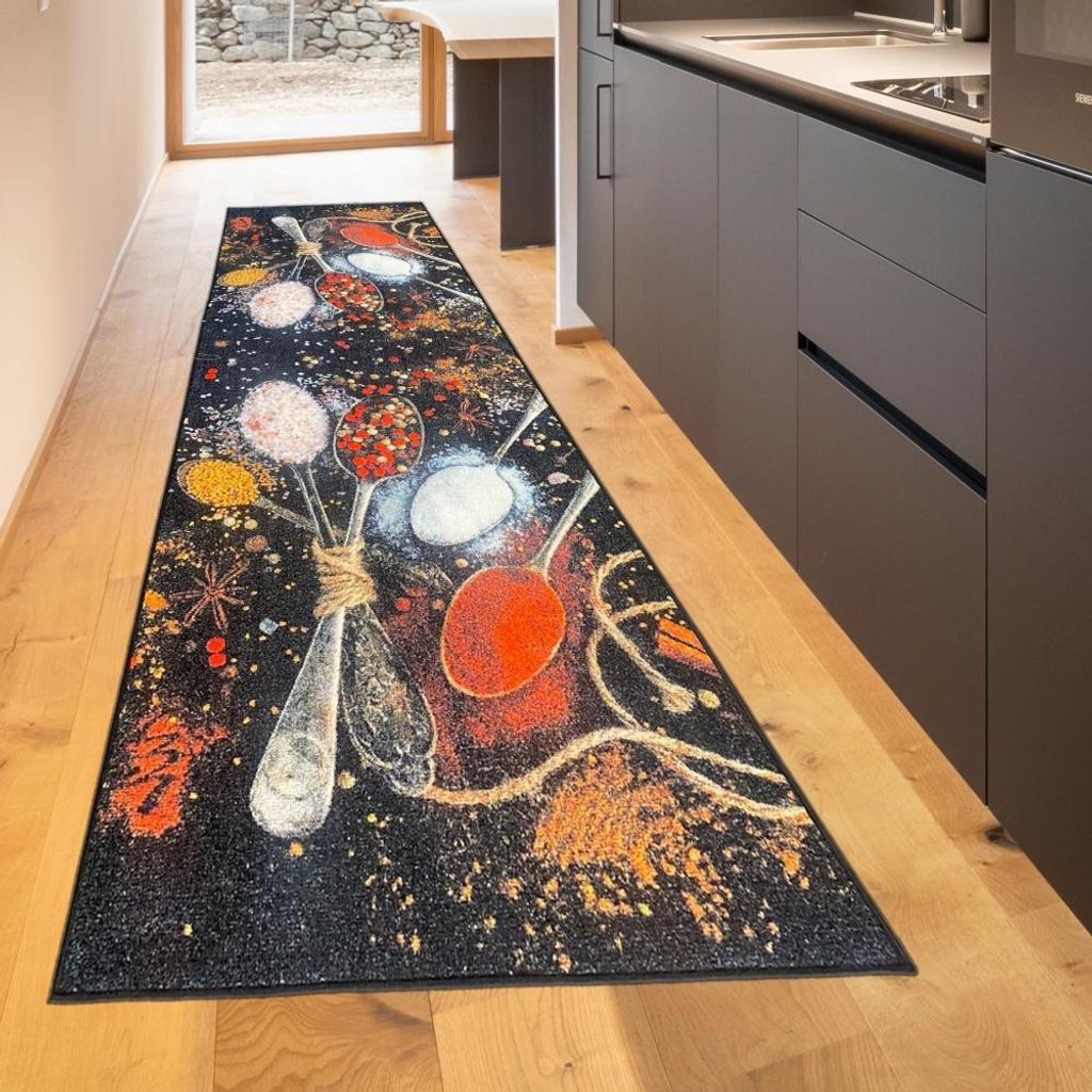 Waschbarer Küchenläufer Teppich mit Gewürzen in gelb rot Größe - 80 x 150 cm
