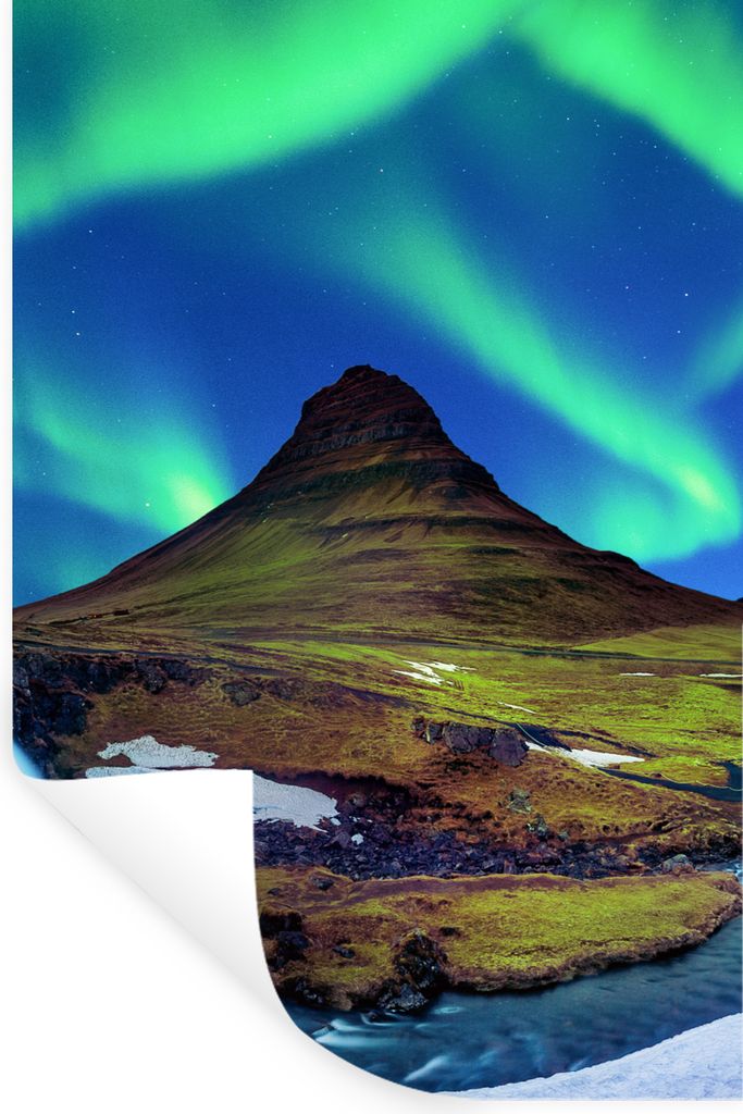 MuchoWow Wandtattoo Wandsticker Wandaufkleber Nordlicht - Sternenhimmel - Island - Berg - Grün - Wasserfall - See 40x60 cm Selbstklebend und Rep...
