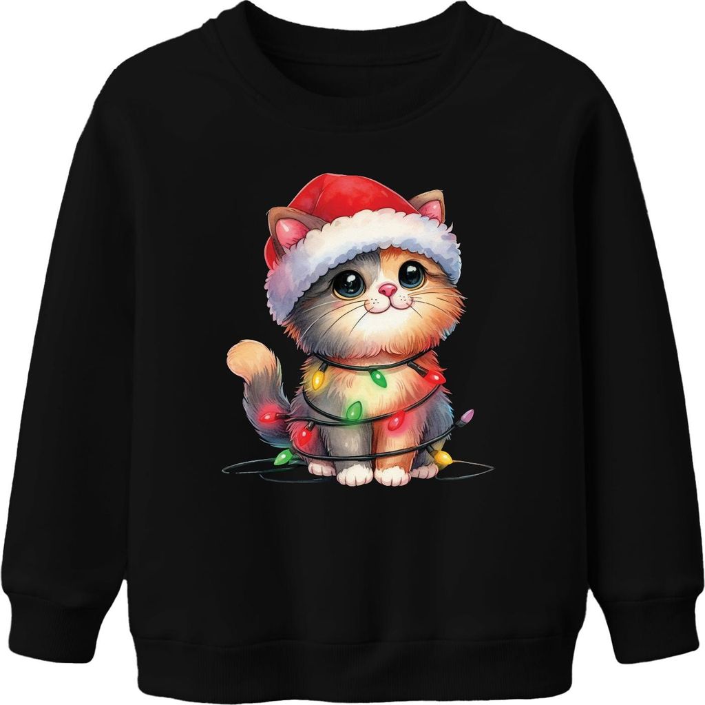 Katze Lichterkette Katzenliebhaber - Weihnachten Weihnachtsgeschenk Christmas Uni Kinder Weihnachtspullover, Schwarz, 104