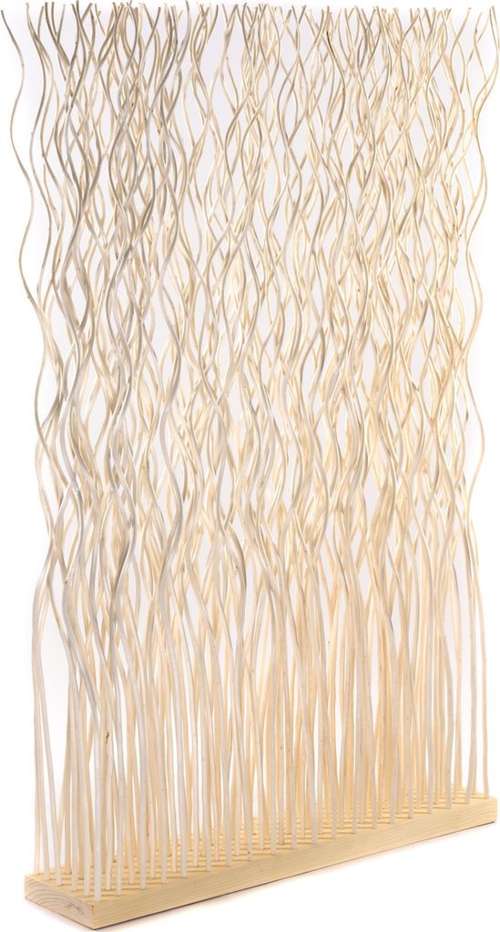 A room divider made of woven natural materials.