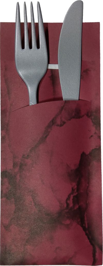520 Bestecktaschen mit Serviette bordeaux marmoriert 20 cm Produktbild 