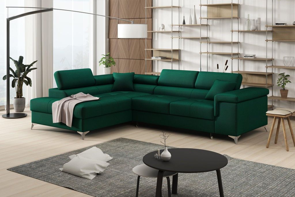 Ecksofa Striato L-Form mit Schlaffunktion, Bettkasten, verstellbaren Kopfstützen, Stoff Monolith. Seite: Links, Stoff: Striato_MONOLITH_37