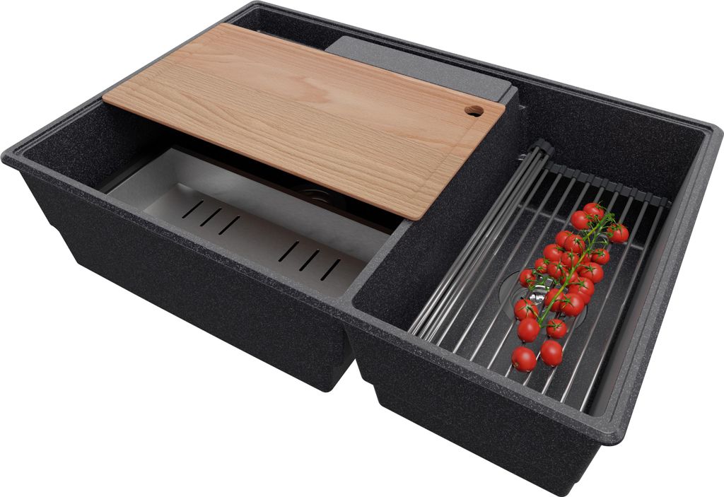 PRIMAGRAN Spülbecken Anthrazit 78x53cm, Granitspüle 2 Becken + Ablauf-Set + Küchenzubehörset, Küchenspüle ab 80er Unterschrank - Paris