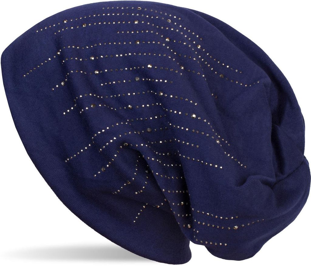 styleBREAKER Damen Beanie Mütze mit Strass Nieten im edlen Streifen Design, Slouch Longbeanie, Stoffmütze Einfarbig 04024086