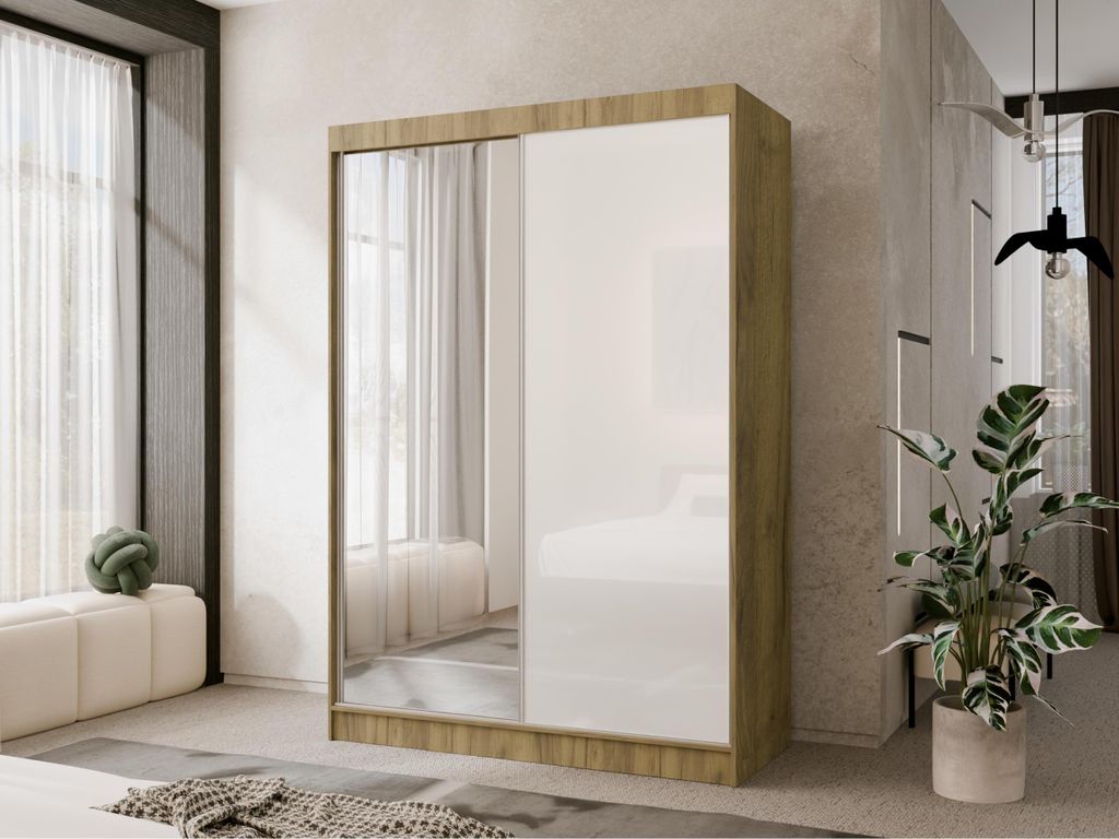 Schwebetürenschrank 120 cm Lake mit Spiegel, Kleiderschrank fürs Schlafzimmer mit Schiebetüren, 2-türiger Schwebetürenschrank, Breite: 120 cm,...