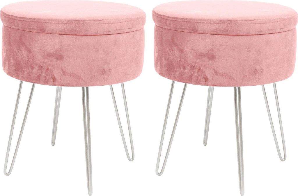 Weicher runder Aufbewahrungs-Fußhocker aus Samt mit silbernen Haarnadelbeinen – Rosa – 2er-Pack