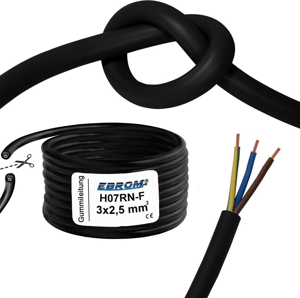 5 Meter flexible H07RN-F 3x2,5 mm² Gummileitung, Anschlussleitung, Gummikabel, Außenkabel, schwarz, UV- ölbeständig, sehr flexibel, 3-adrig, Ad...