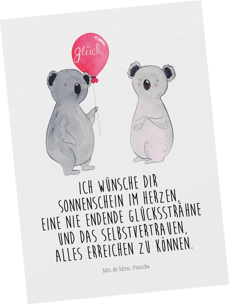 Mr. & Mrs. Panda Postkarte Koala Luftballon - Weiß - Geschenk, kunstkarte, Ansichtskarten, Grußkarte, Party, Geburtstag, Postkarten, Ansichtskarte